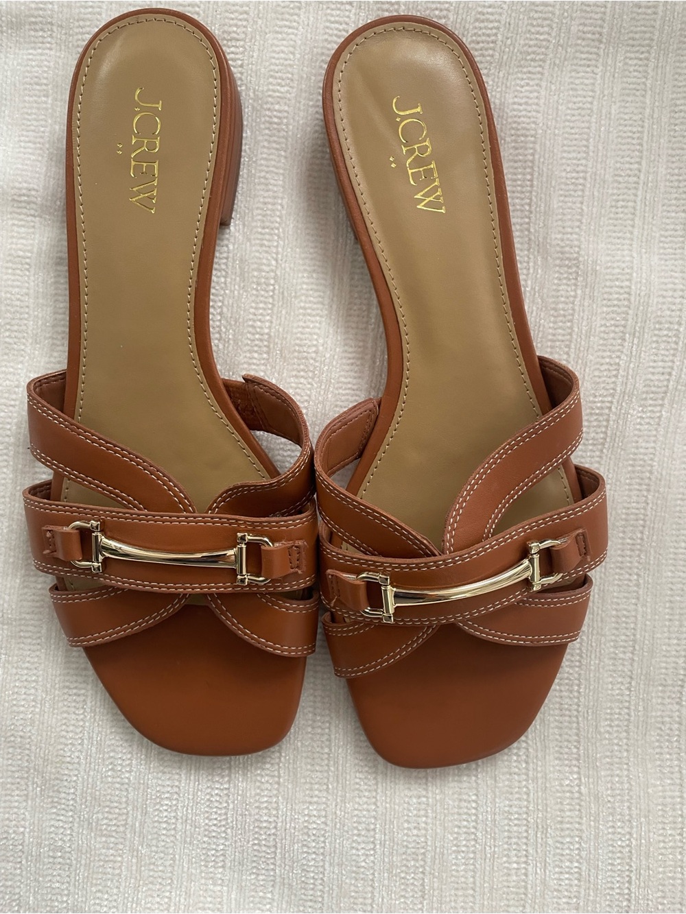 J. Crew Tan Leather Slide Mules with Gold Buckle